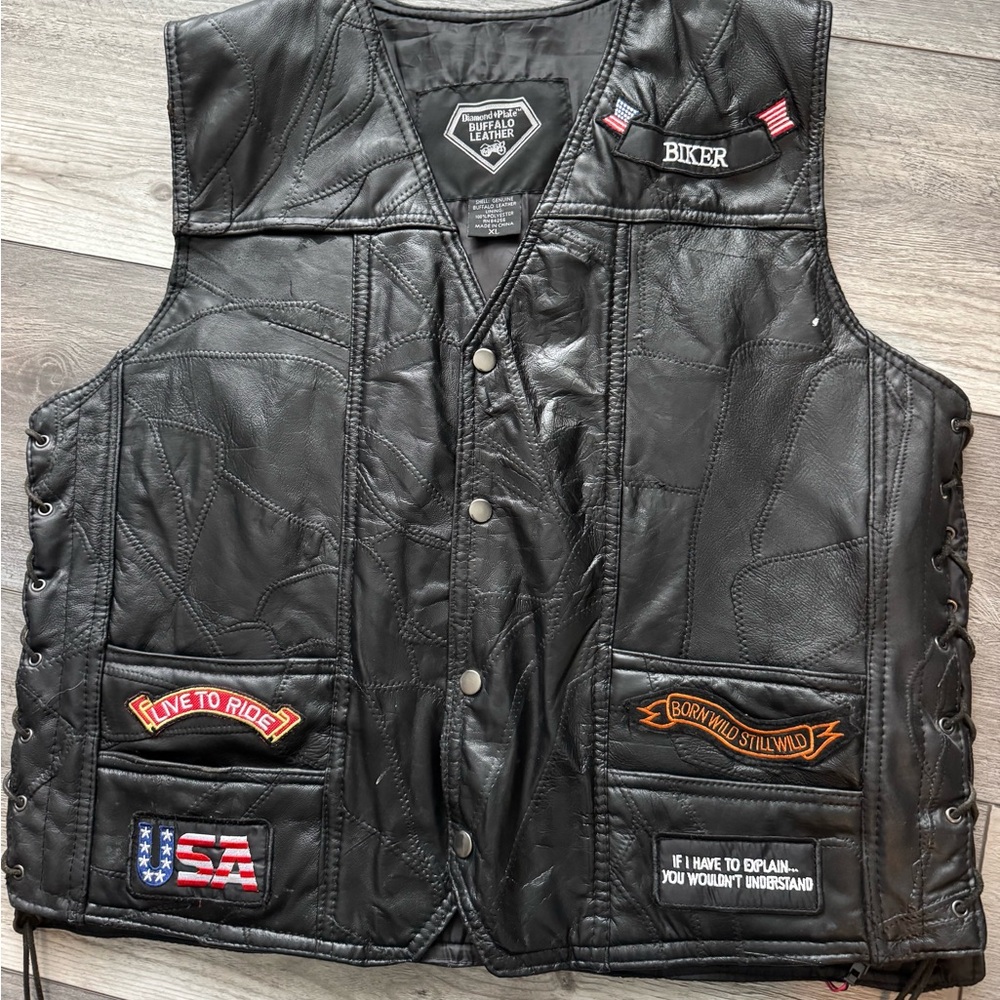 Men’s Black Leather Biker Vest with Patches and lace-up sides